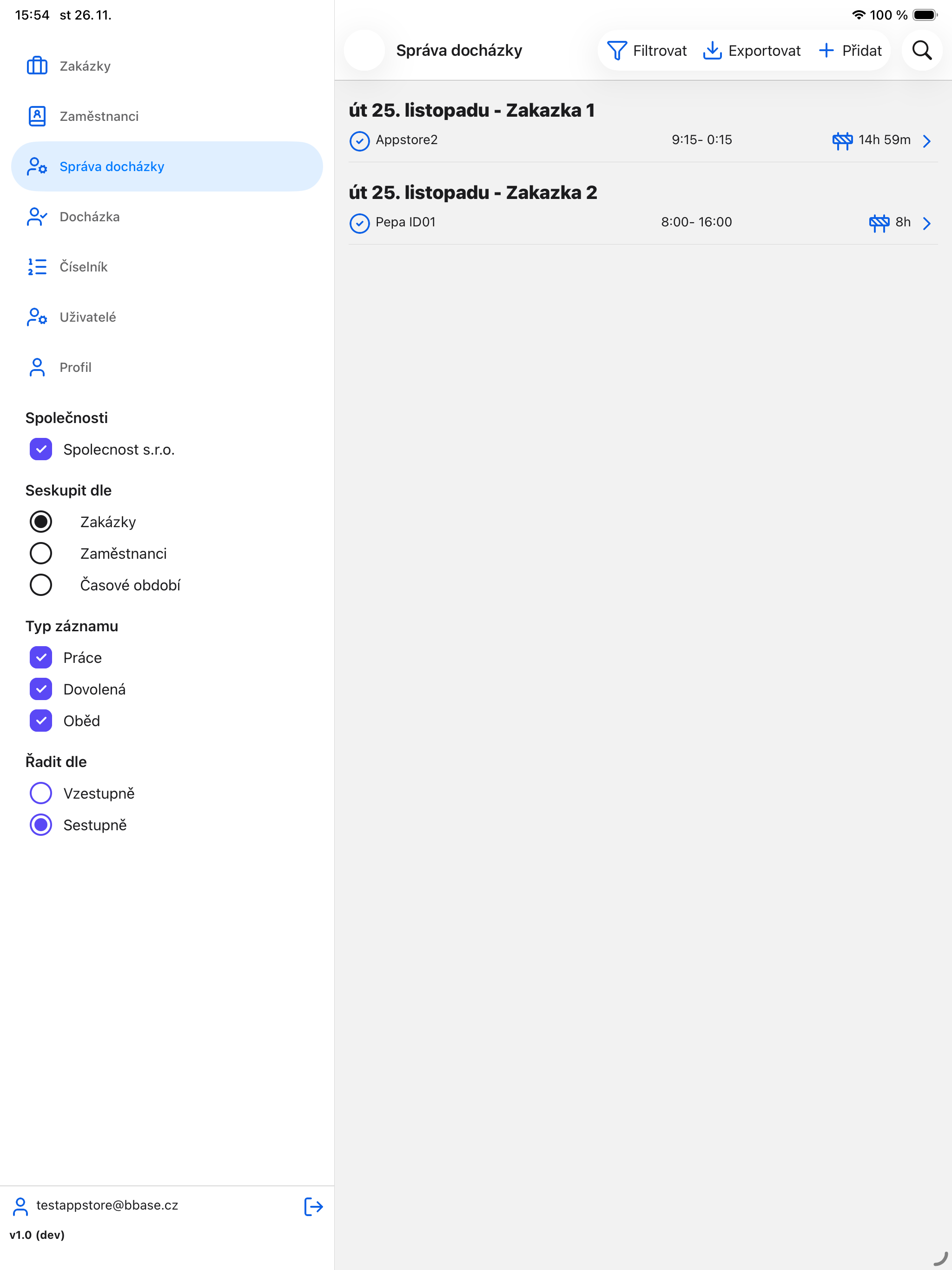 Správa docházky – iPad